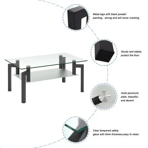 Modern Rectangle Black Clear-Glass Coffee Table for Living Room Durable Home Furniture Made in China