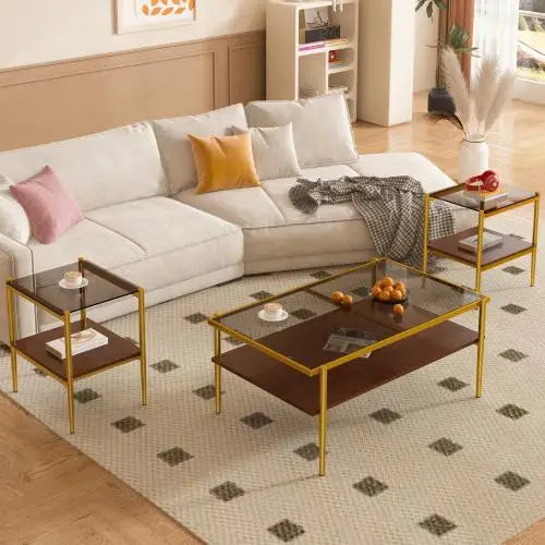 Modern Set of 3 Coffee End Tables Tempered Glass with MDF Layer Gray Rectangle Pattern Made in China for Living Room