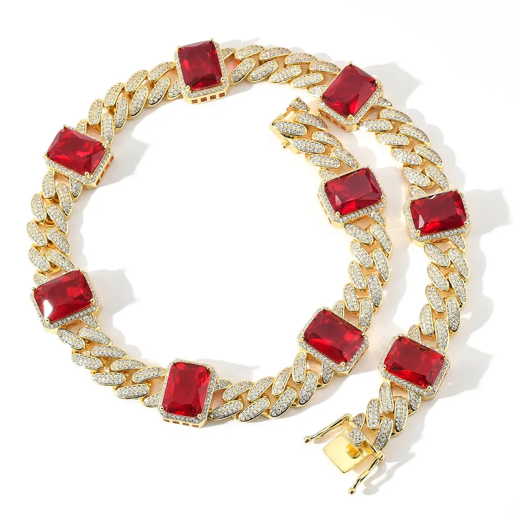 New Luxury 13mm Wide Gold Silver Micro Pave Red Gem Cubic Zircon 14k Real Gold Plated Cuban Link Chain Jewelry Necklace for Men