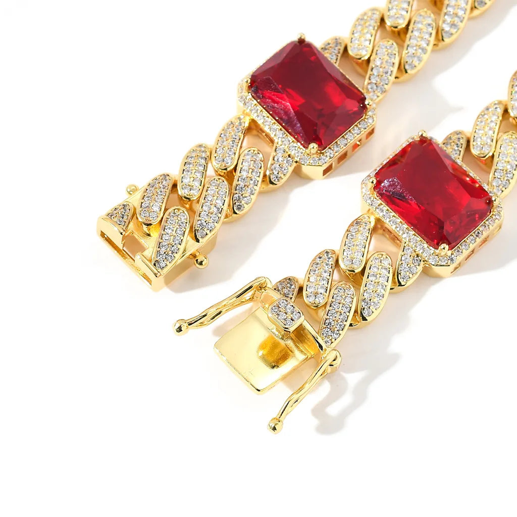 New Luxury 13mm Wide Gold Silver Micro Pave Red Gem Cubic Zircon 14k Real Gold Plated Cuban Link Chain Jewelry Necklace for Men