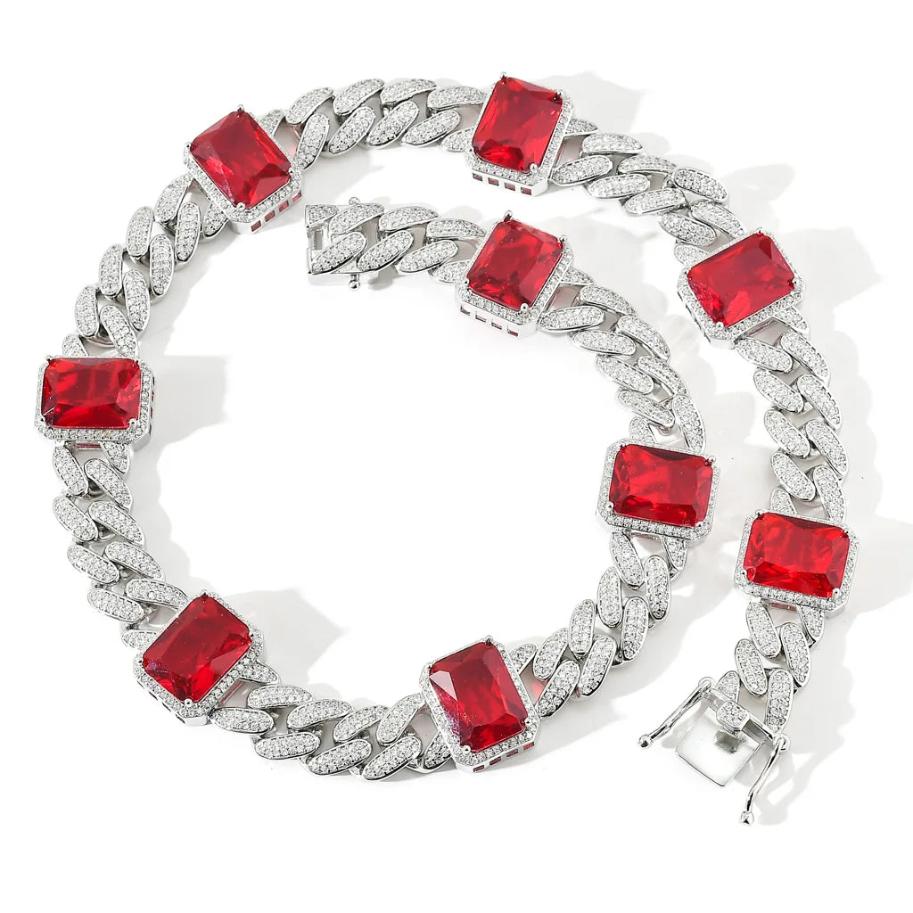 New Luxury 13mm Wide Gold Silver Micro Pave Red Gem Cubic Zircon 14k Real Gold Plated Cuban Link Chain Jewelry Necklace for Men