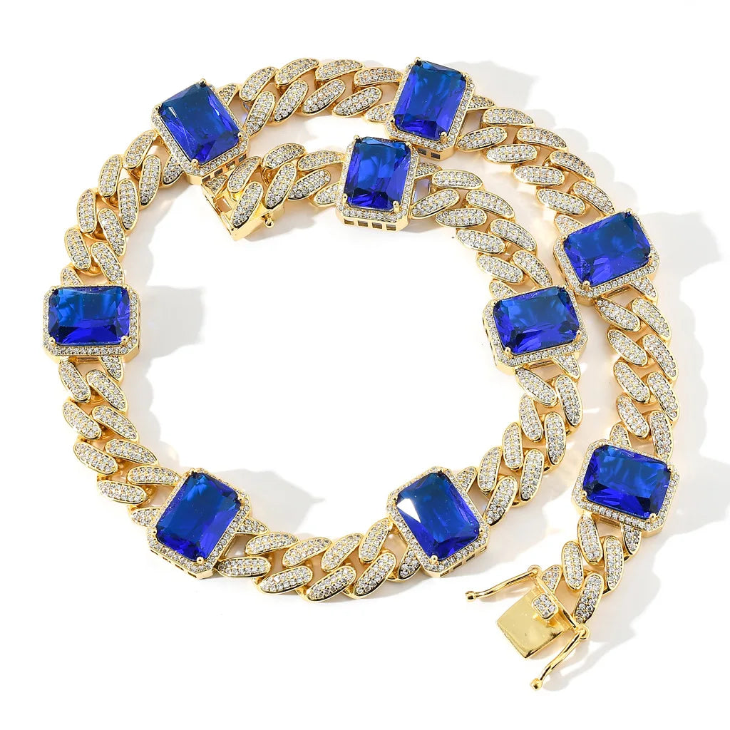 New Luxury 13mm Wide Gold Silver Micro Pave Red Gem Cubic Zircon 14k Real Gold Plated Cuban Link Chain Jewelry Necklace for Men