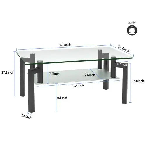 Modern Rectangle Black Clear-Glass Coffee Table for Living Room Durable Home Furniture Made in China