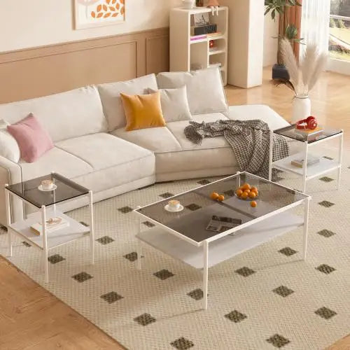 Modern Set of 3 Coffee End Tables Tempered Glass with MDF Layer Gray Rectangle Pattern Made in China for Living Room