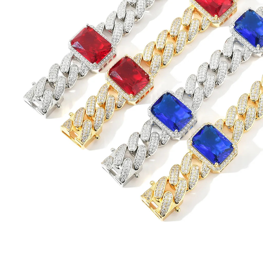 New Luxury 13mm Wide Gold Silver Micro Pave Red Gem Cubic Zircon 14k Real Gold Plated Cuban Link Chain Jewelry Necklace for Men