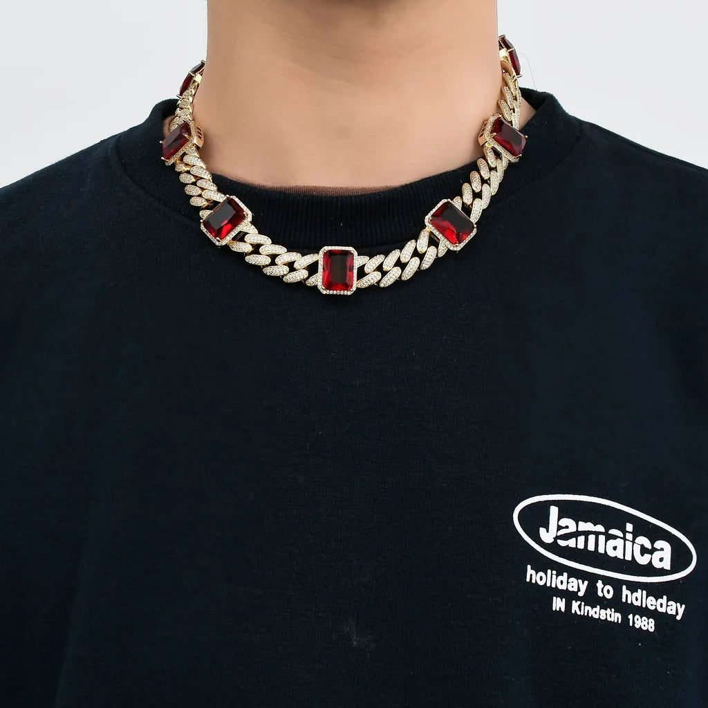 New Luxury 13mm Wide Gold Silver Micro Pave Red Gem Cubic Zircon 14k Real Gold Plated Cuban Link Chain Jewelry Necklace for Men