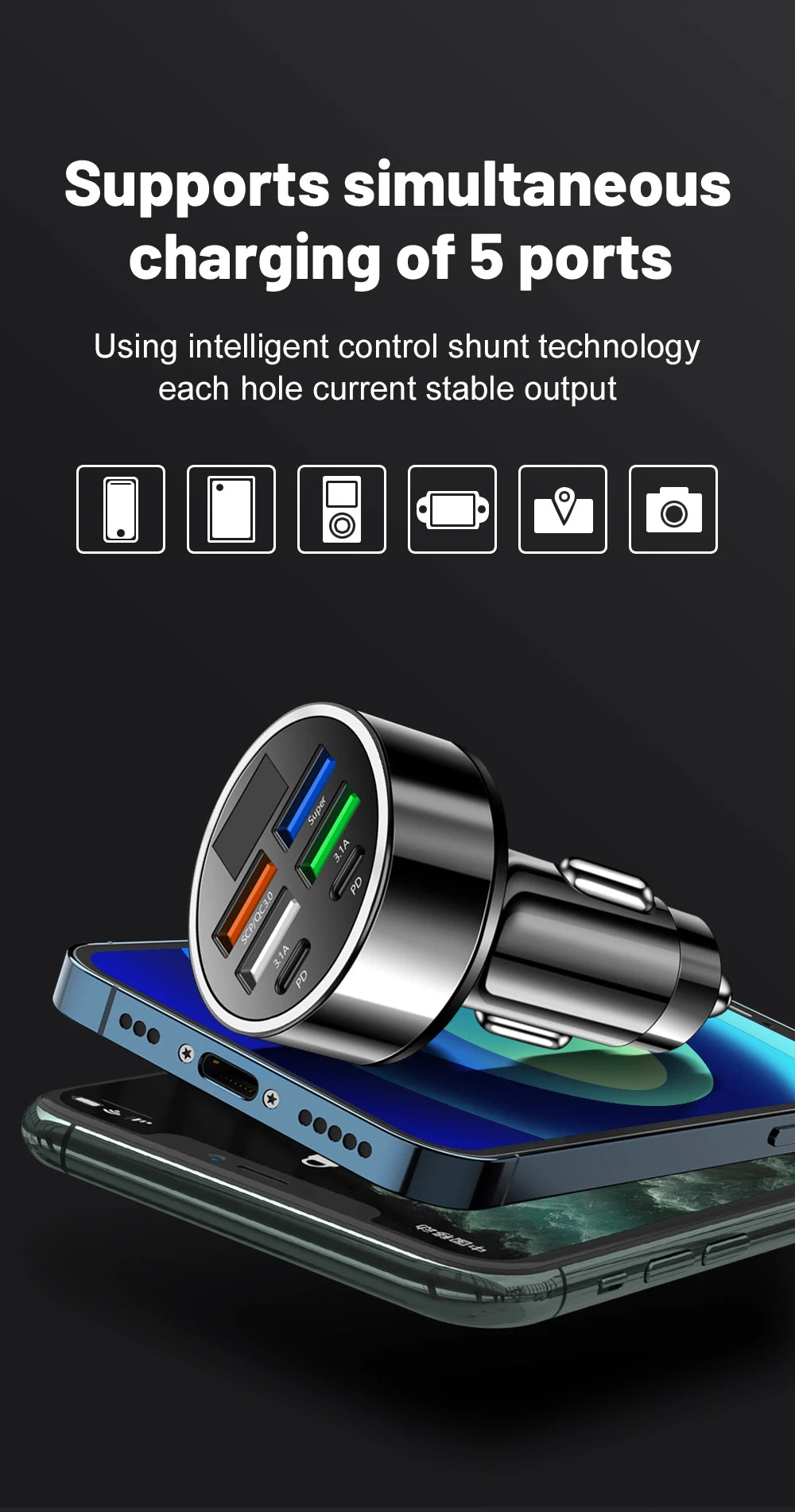 6 In 1 Car Charger Total 100W Super Fast Charging Multi-port Voltage Car With Vehicle Digital Display Mobile car Phone Charger