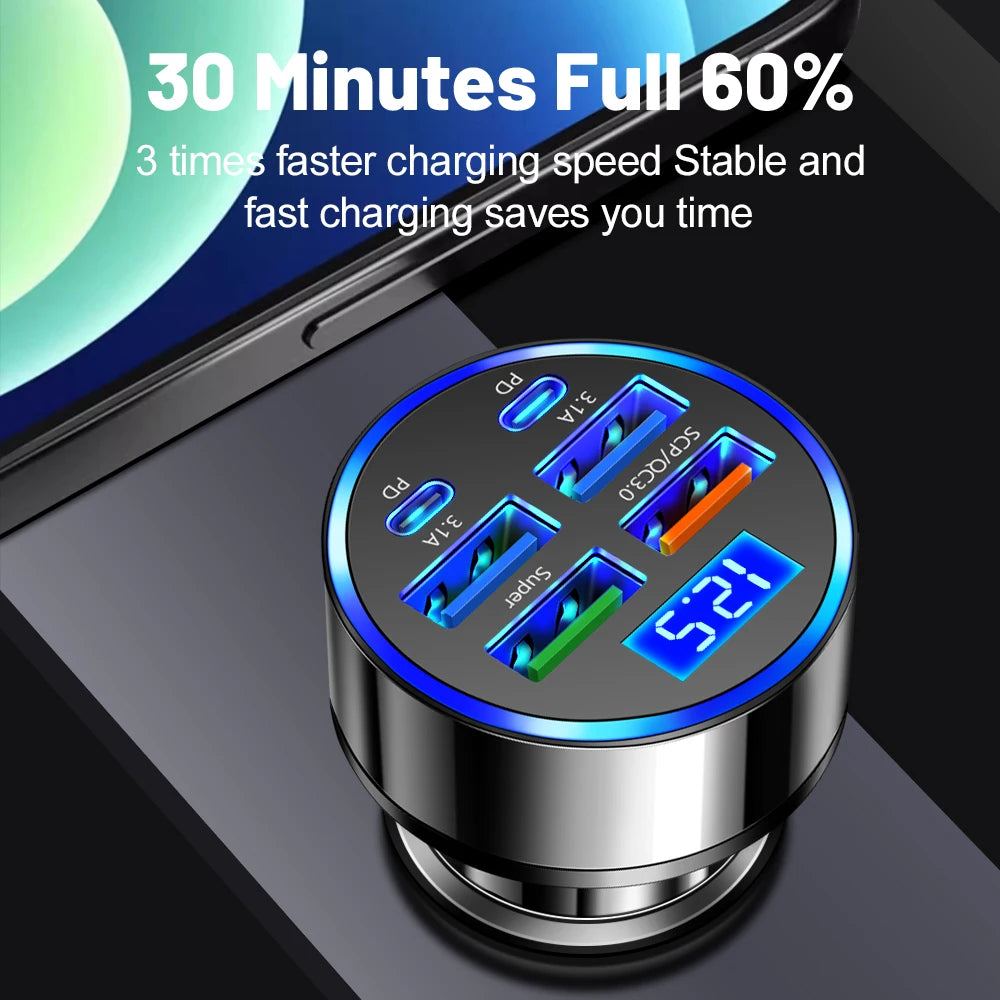 6 In 1 Car Charger Total 100W Super Fast Charging Multi-port Voltage Car With Vehicle Digital Display Mobile car Phone Charger