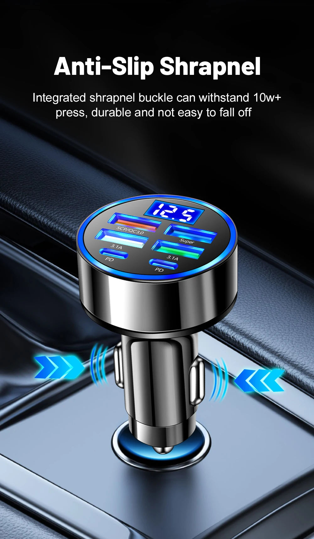 6 In 1 Car Charger Total 100W Super Fast Charging Multi-port Voltage Car With Vehicle Digital Display Mobile car Phone Charger